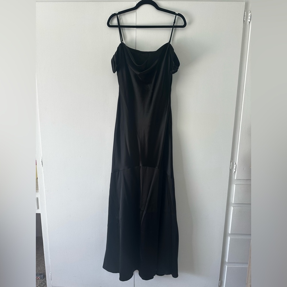 Black satin floor length formal dress